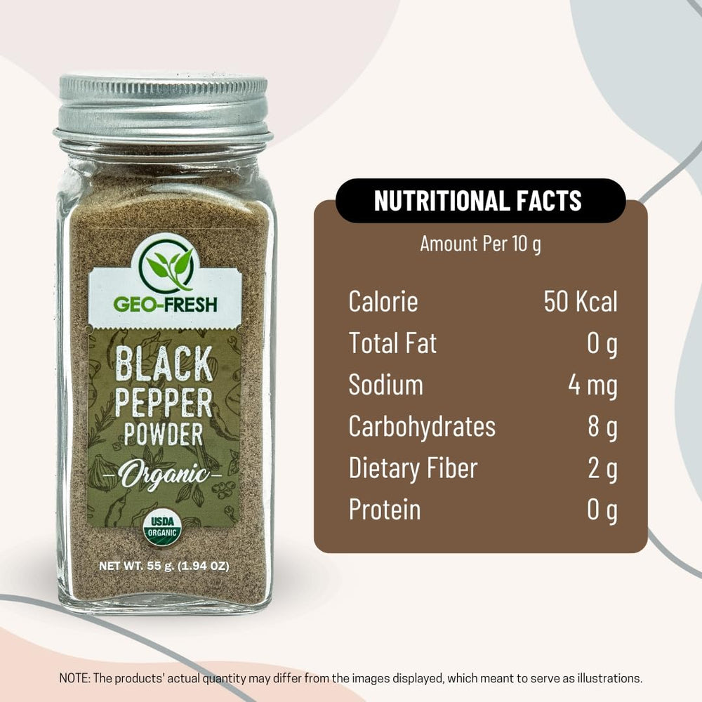Geo-Fresh Organic Black Pepper Powder close-up reveals rich texture and aroma.