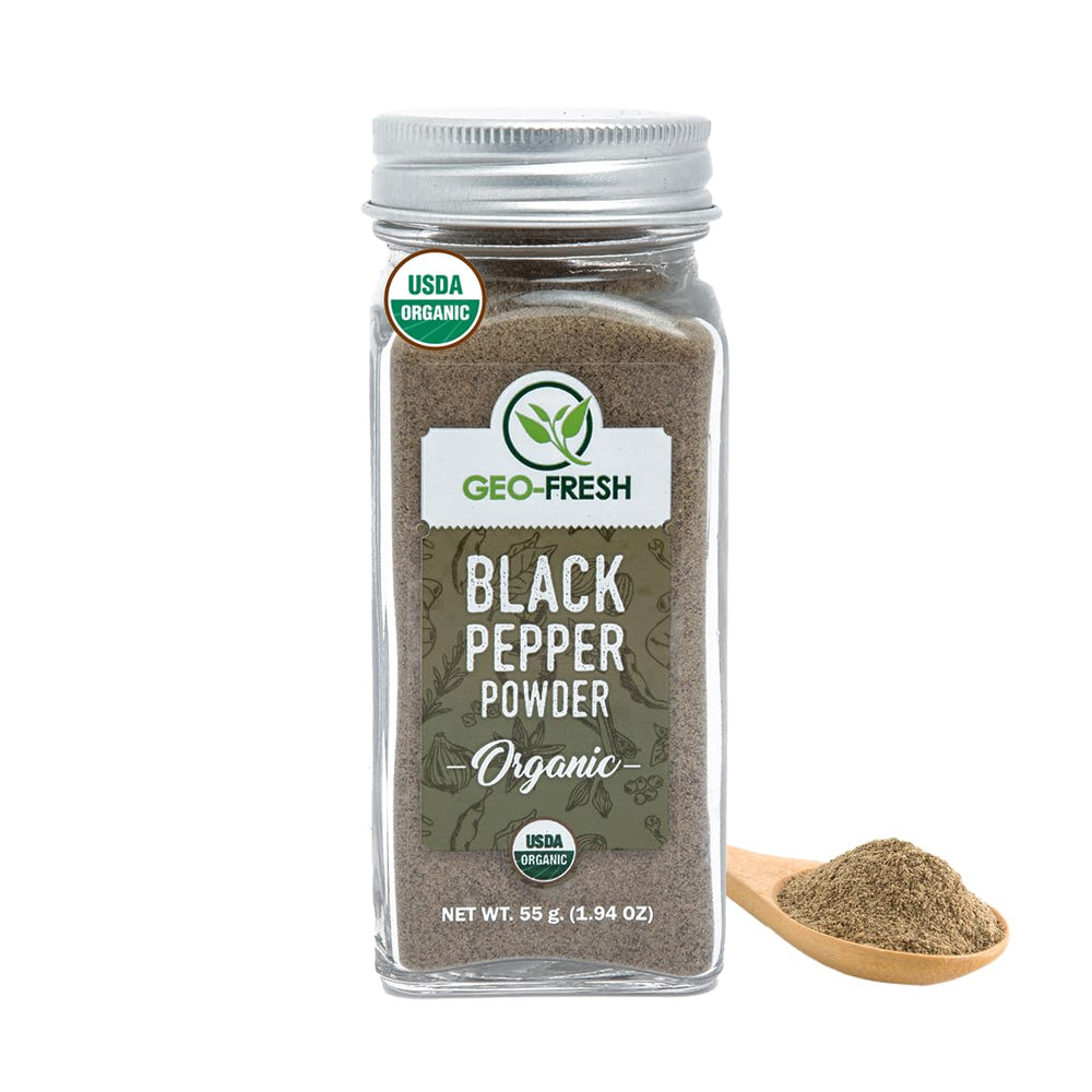 Geo-Fresh Organic Black Pepper Powder jar on shelf for everyday seasoning.