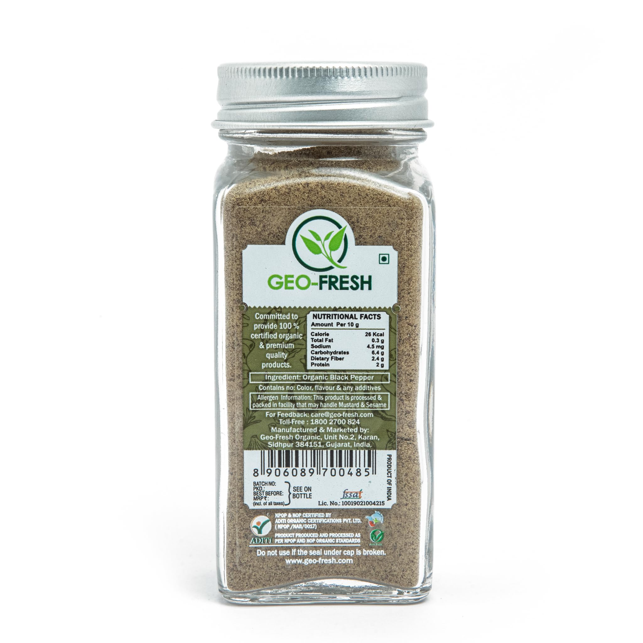 Geo-Fresh Organic Black Pepper Powder in kitchen rack, pantry staple.