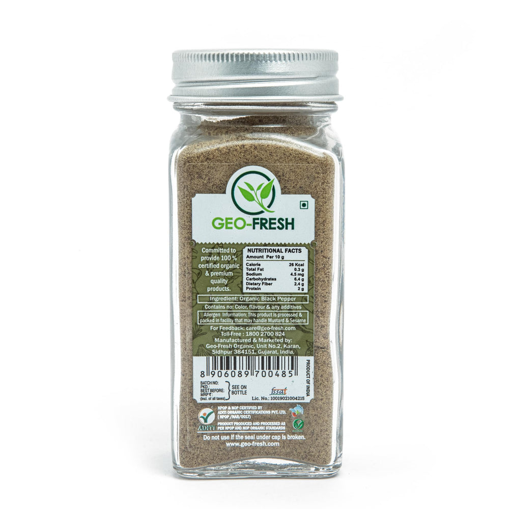 Geo-Fresh Organic Black Pepper Powder in kitchen rack, pantry staple.