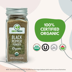 Geo-Fresh Organic Black Pepper Powder label highlights certifications.