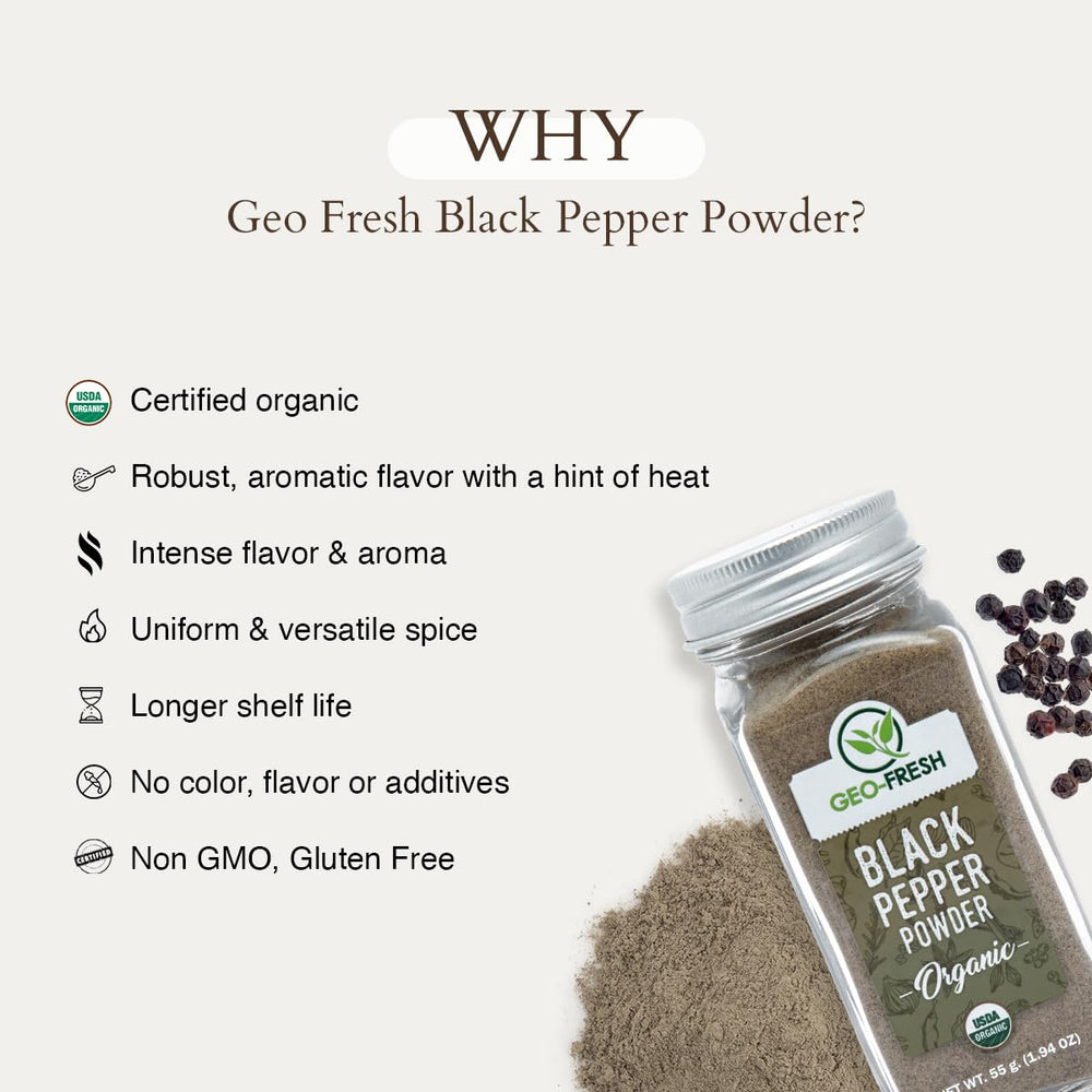 Geo-Fresh Organic Black Pepper Powder seasoning vegetables for vibrant flavor.