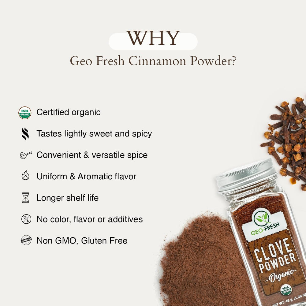 Geo-Fresh Organic Clove Powder label shows kosher and gluten-free certifications