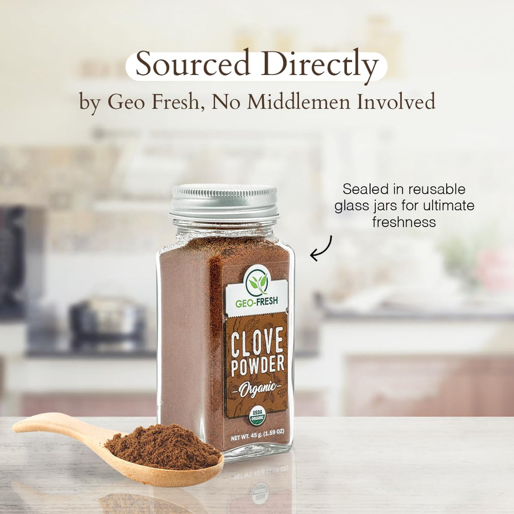 Geo-Fresh Organic Clove Powder display with measuring spoon for easy spice blending