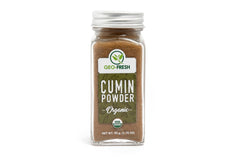 Geo-Fresh Organic Cumin Powder jar pouring for rich flavor in cooking.