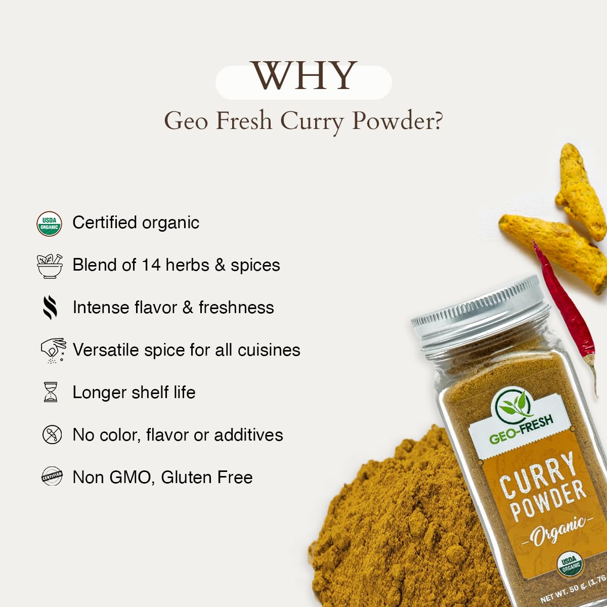Geo-Fresh Organic Curry Powder on vegetables, demonstrating versatile roasting use.