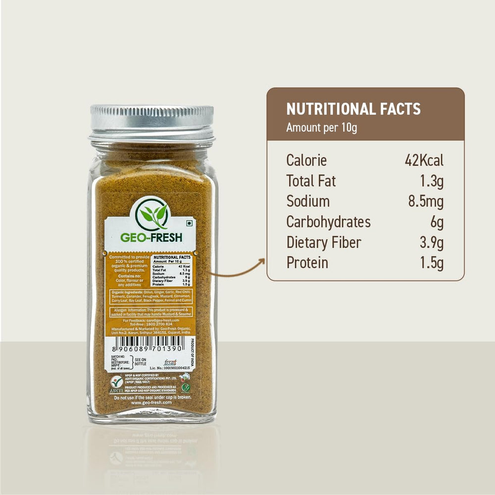 Geo-Fresh Organic Curry Powder spoon-dip, ready to season stews and vegetables.