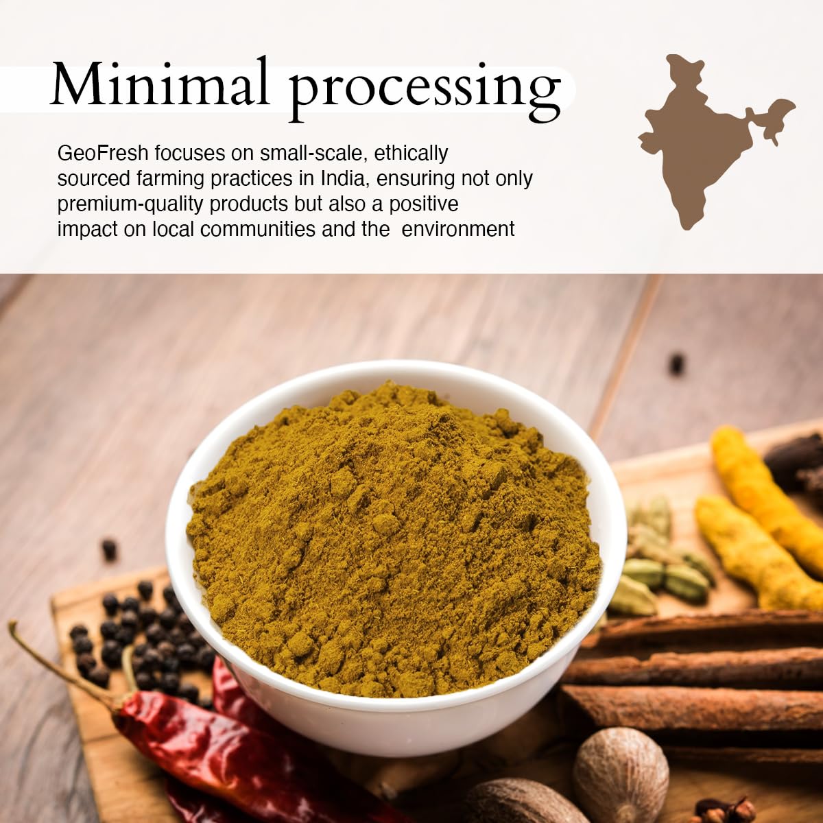 Geo-Fresh Organic Curry Powder yellow-glow bowl, hints at mild flavor potential.