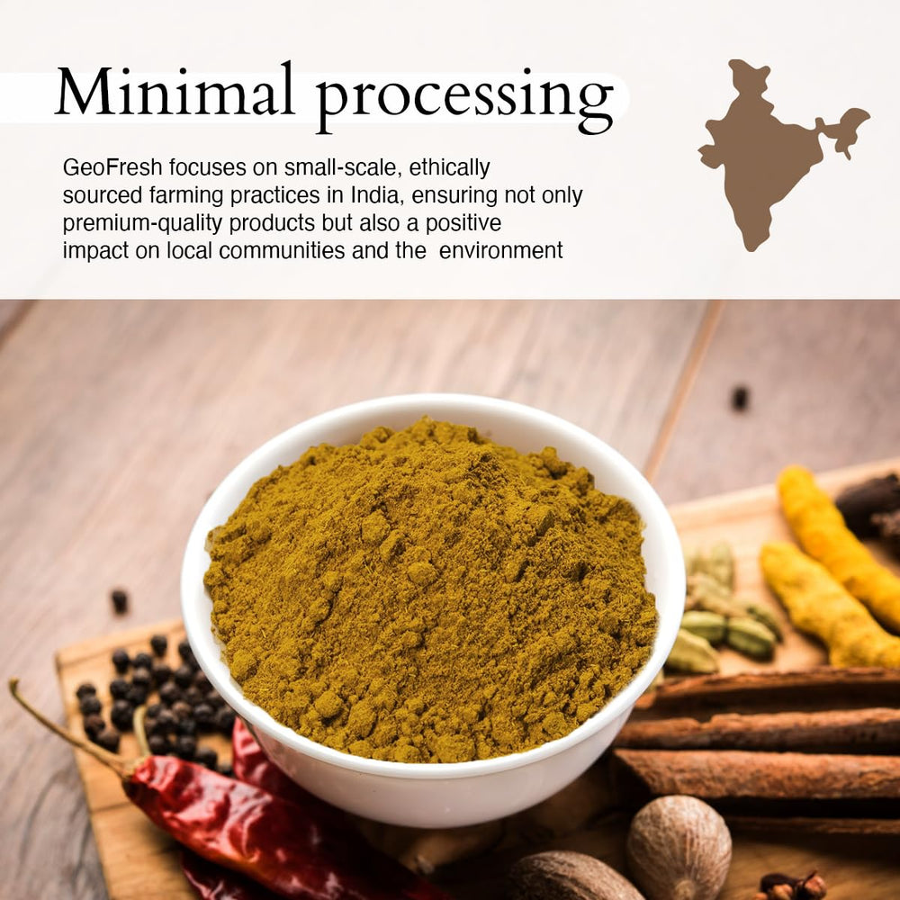Geo-Fresh Organic Curry Powder yellow-glow bowl, hints at mild flavor potential.