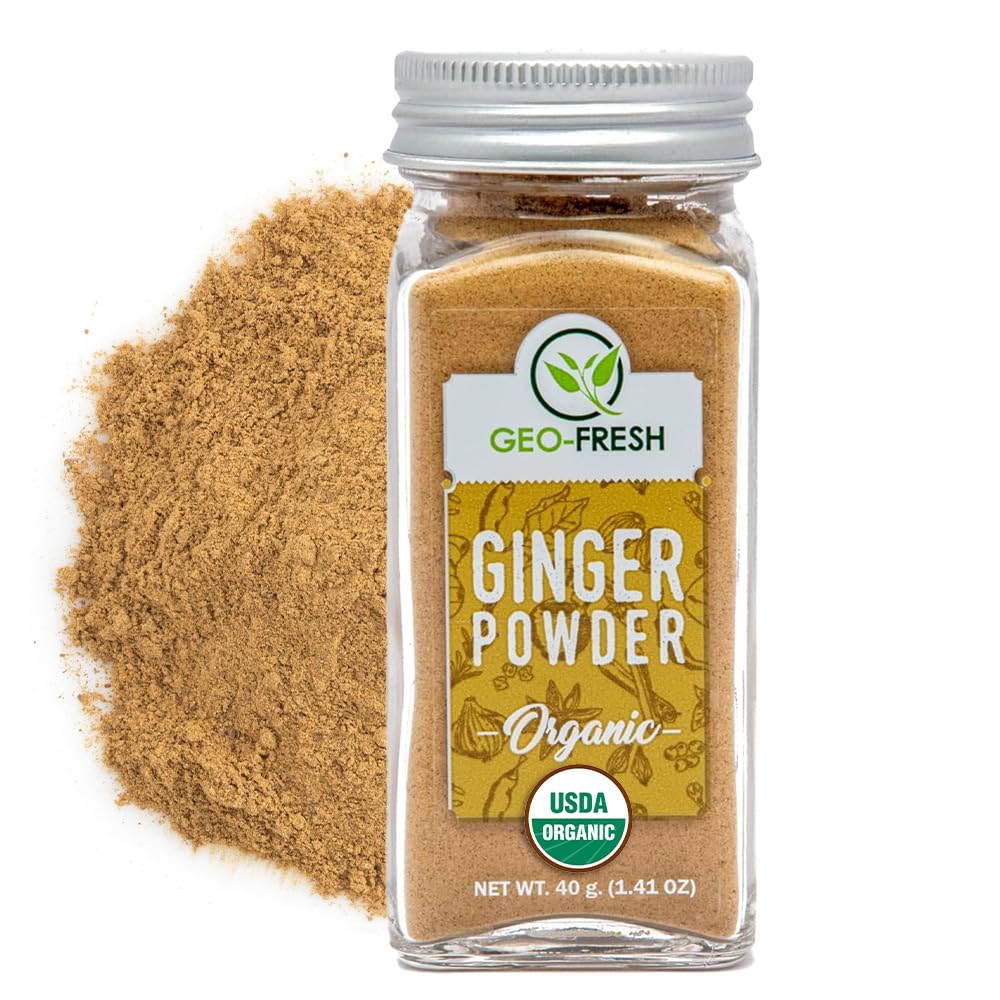 Geo-Fresh Organic Ginger Powder jar closeup for cooking with rich aroma.
