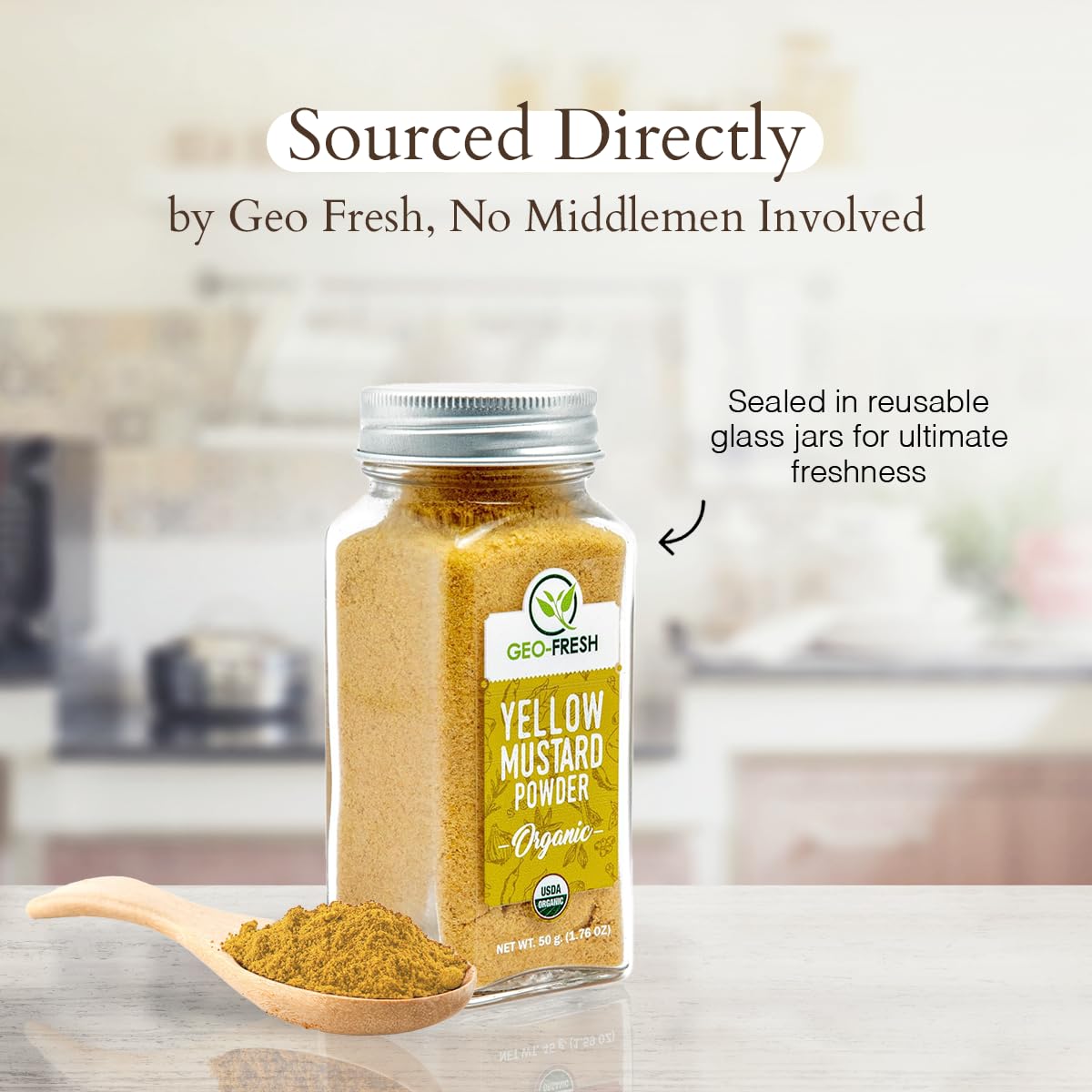 Geo-Fresh Organic Yellow Mustard Powder close-up highlighting color and texture.
