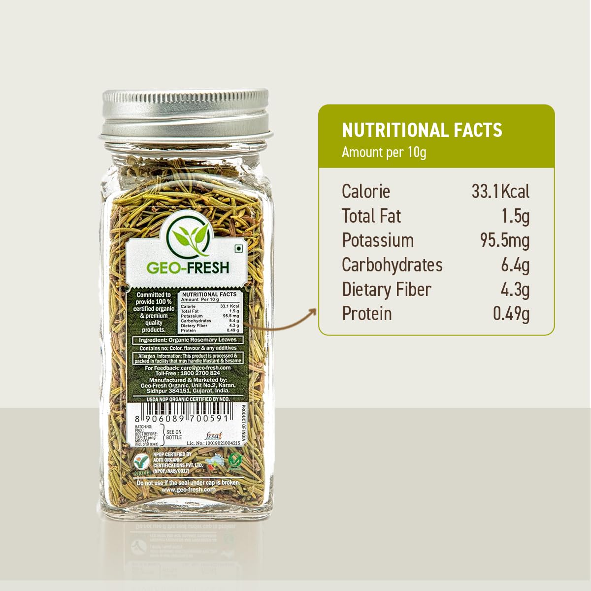 Geo-Fresh Organic Rosemary Leaves hand-harvested, preserving robust flavor for marinades.