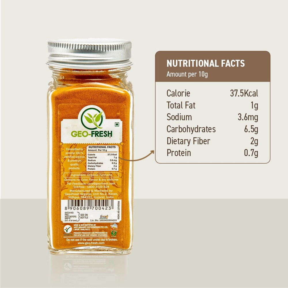 Geo-Fresh Organic Turmeric Powder closeup reveals fine texture and vibrant color for curries.