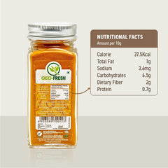 Geo-Fresh Organic Turmeric Powder closeup reveals fine texture and vibrant color for curries.