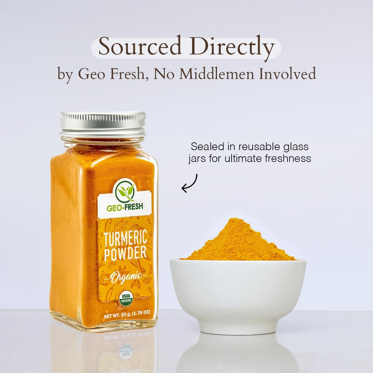 Geo-Fresh Organic Turmeric Powder jar on shelf signals convenient storage and everyday seasoning.