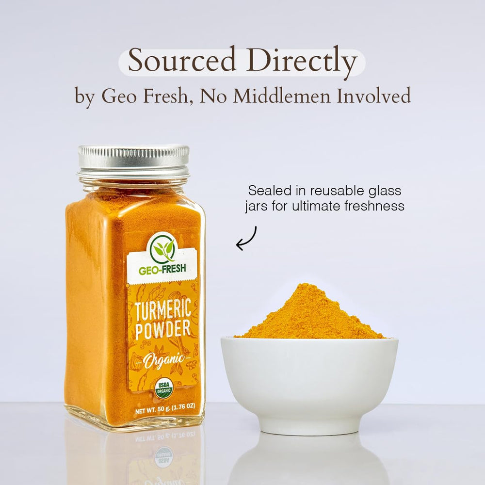 Geo-Fresh Organic Turmeric Powder jar on shelf signals convenient storage and everyday seasoning.