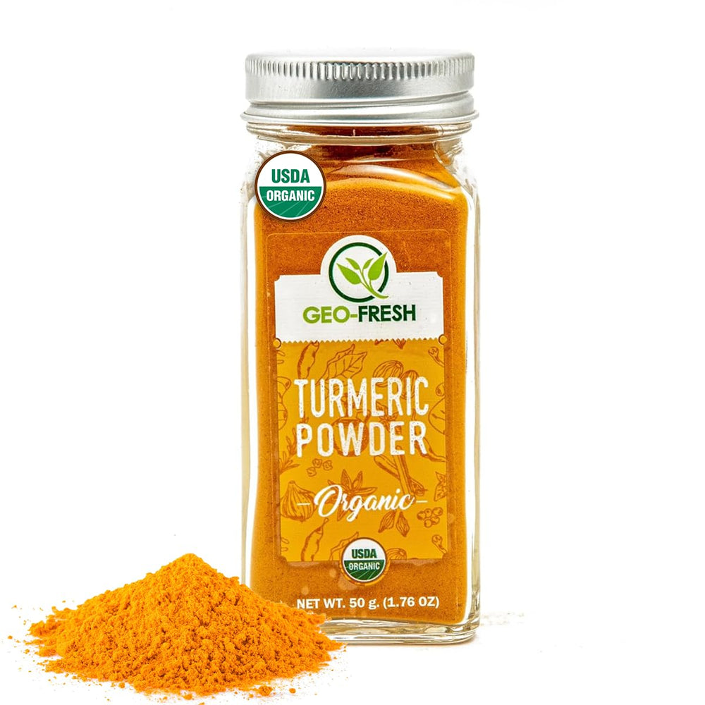 Geo-Fresh Organic Turmeric Powder packaging showcases purity and premium cooking versatility.