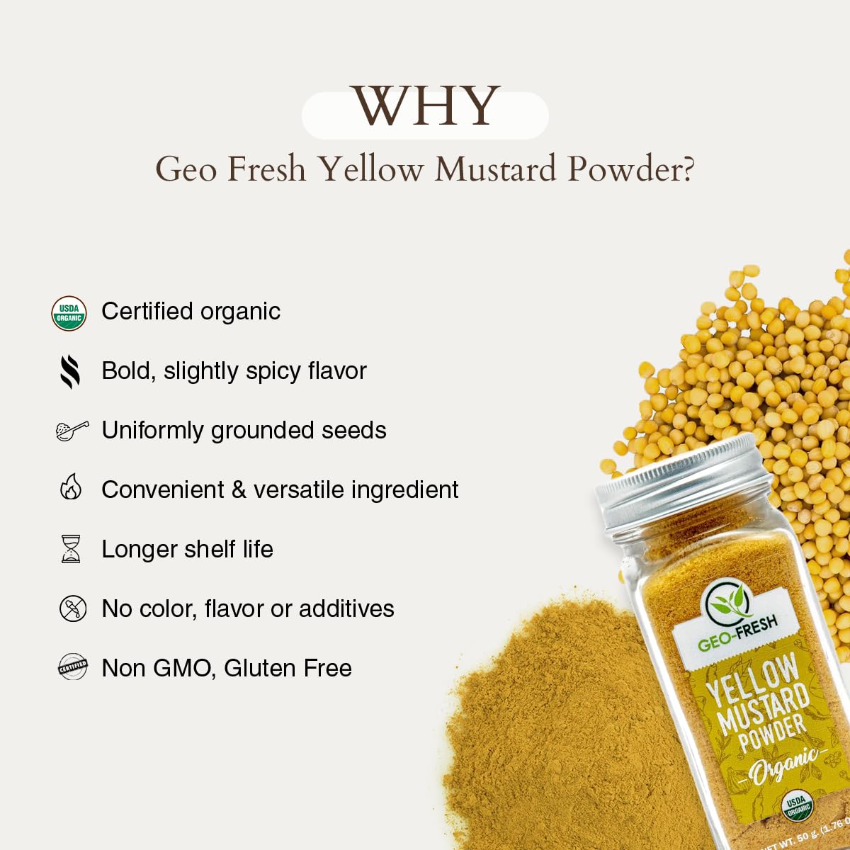 Geo-Fresh Organic Yellow Mustard Powder close-up detail.
