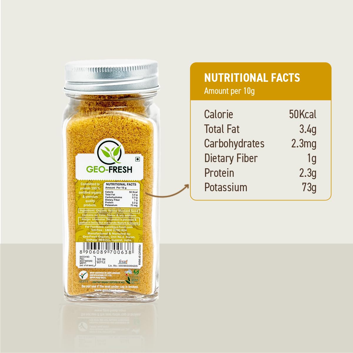 Geo-Fresh Yellow Mustard Powder stone-ground in bowl preserves bold aroma for vinaigrettes.
