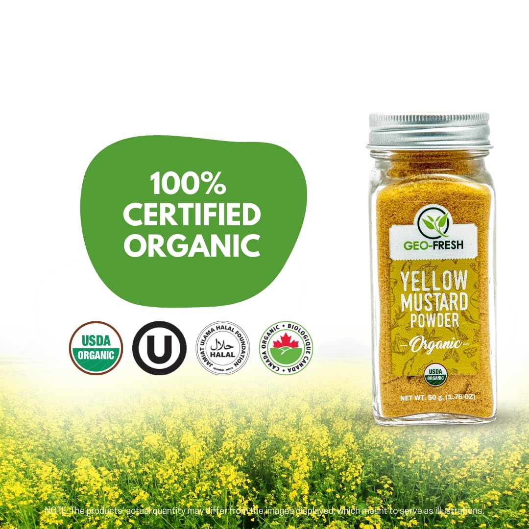 Geo-Fresh Yellow Mustard Powder with spoon ready for dry rubs and marinades.