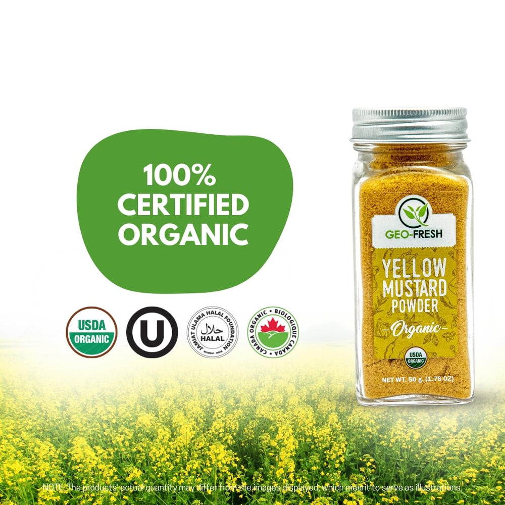 Geo-Fresh Yellow Mustard Powder with spoon ready for dry rubs and marinades.