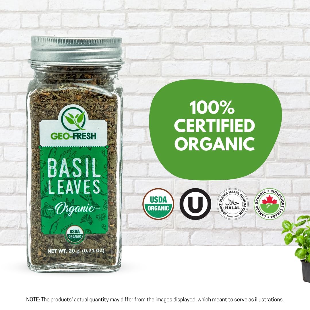 Geo-Fresh basil leaves in dish, adds fresh herbal note to pasta.