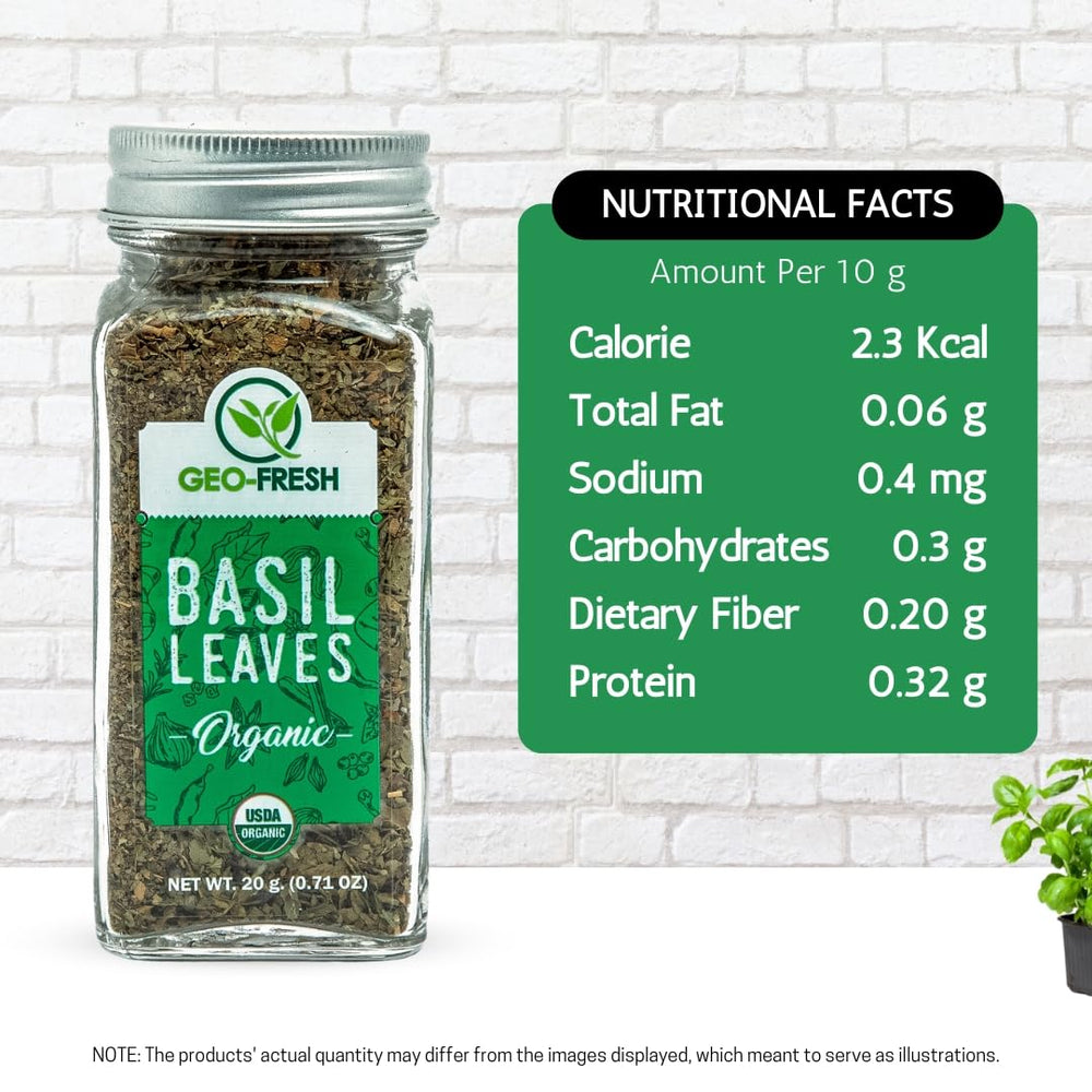 Geo-Fresh dried basil leaves aroma, vibrant green flakes ideal for sauces.