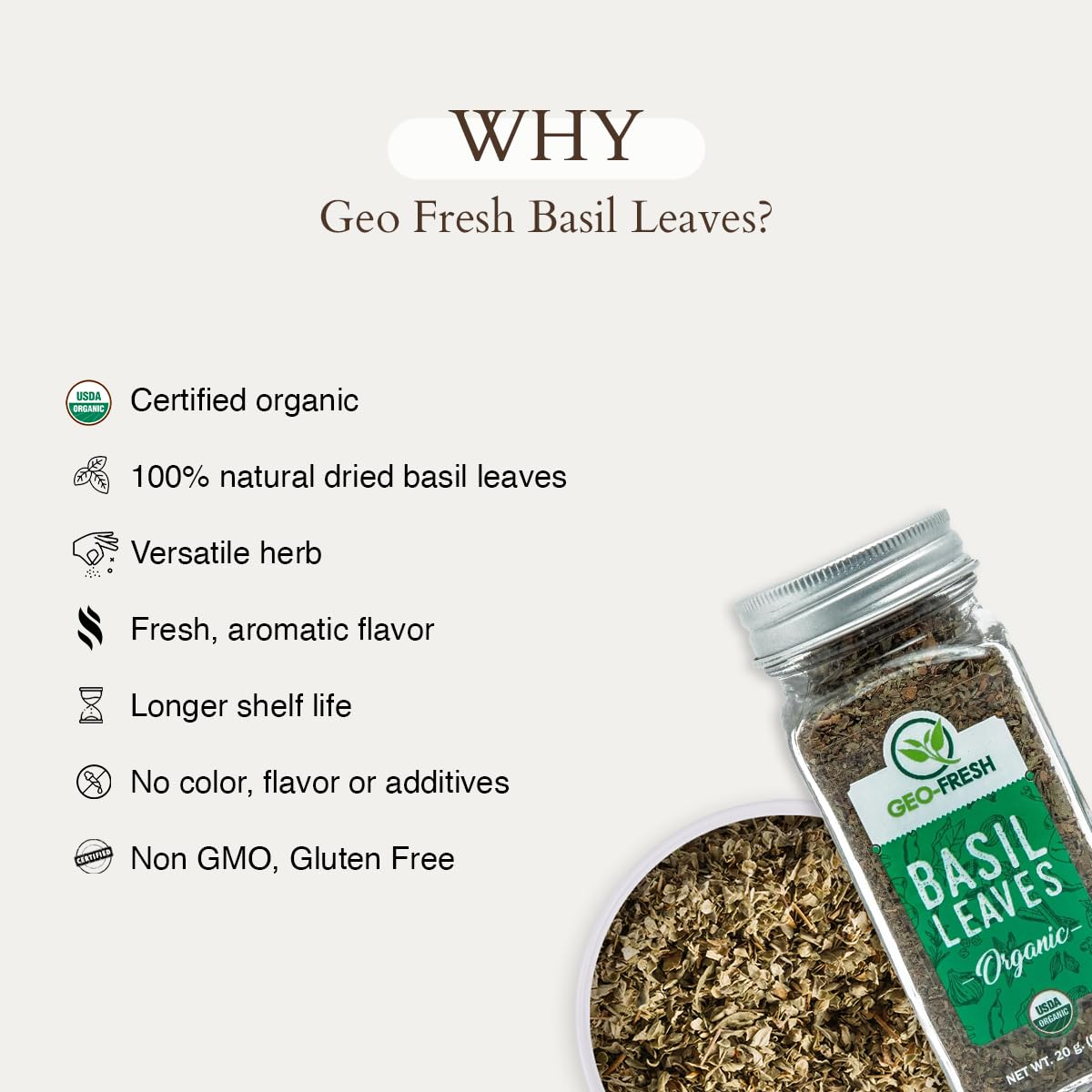 Geo-Fresh dried basil leaves soups, perfect for hearty broths.