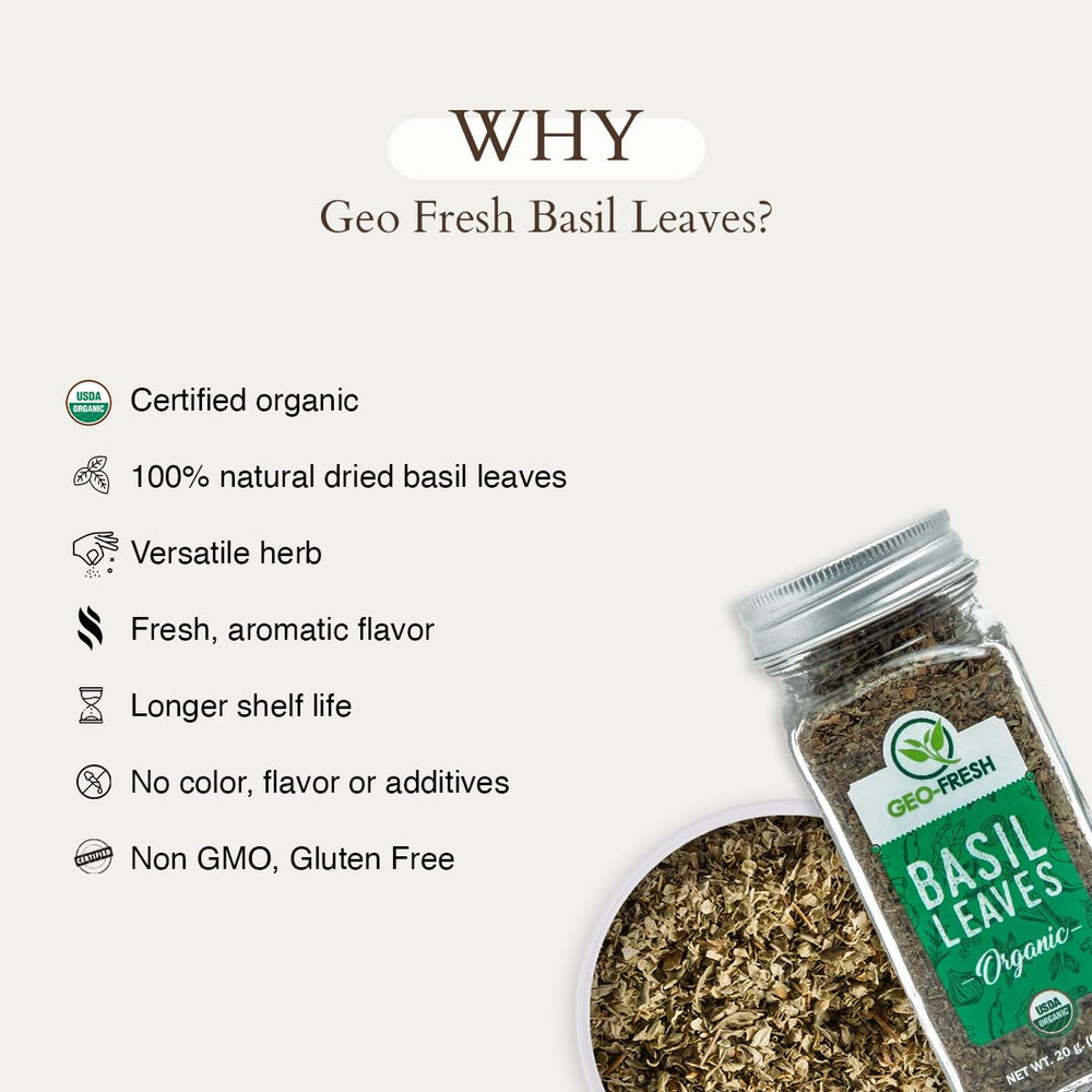 Geo-Fresh dried basil leaves soups, perfect for hearty broths.