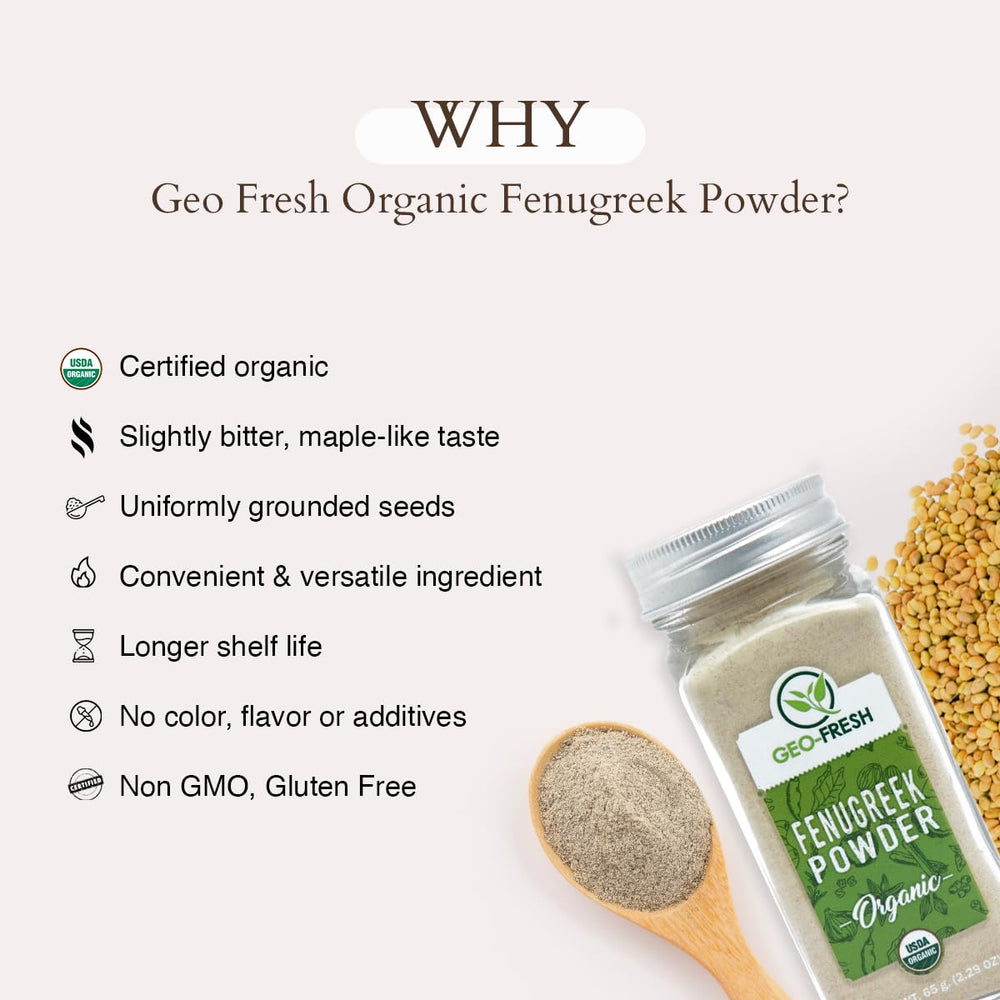 Geo-Fresh fenugreek powder close-up captures vibrant color and ground texture.
