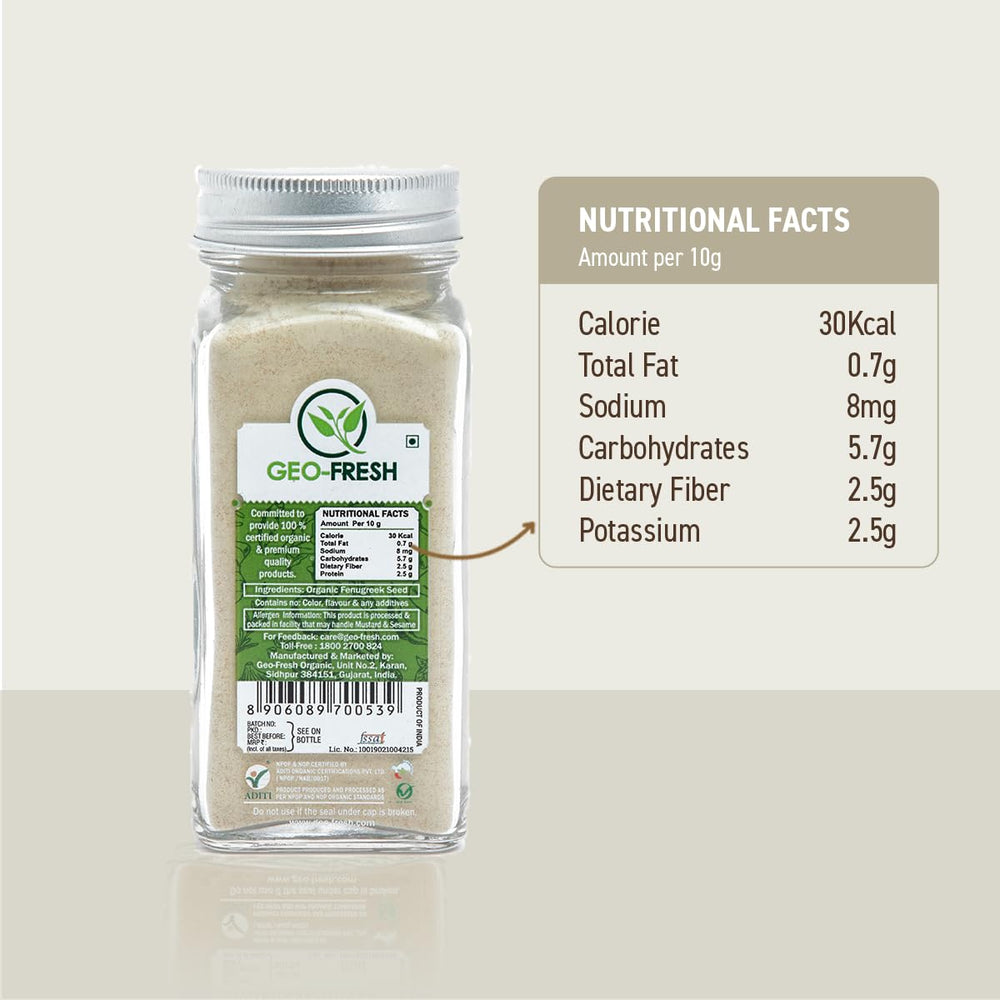Geo-Fresh fenugreek powder over curry dish showcases rich, nutty flavor potential.