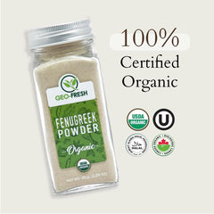 Geo-Fresh kasuri methi powder close-up reveals aromatic spice for authentic Indian meals.