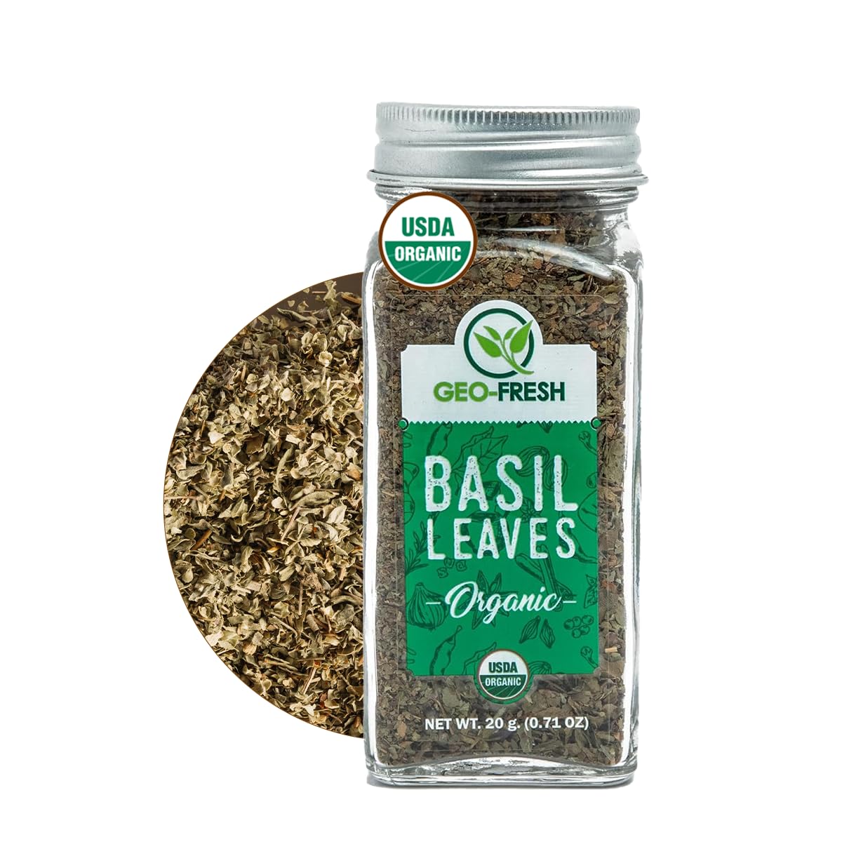 Geo-Fresh Organic Basil Leaves jar, fresh aroma for authentic Italian cooking.