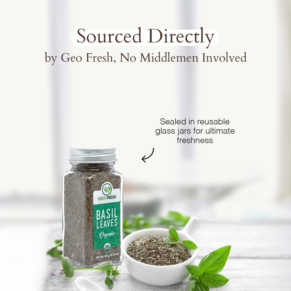 Geo-Fresh Organic Basil Leaves Pack, ready to season soups and pizzas.