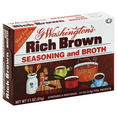 George Washington Rich Brown seasoning and broth bottle showcases rich color, ideal for quick, savory meals.