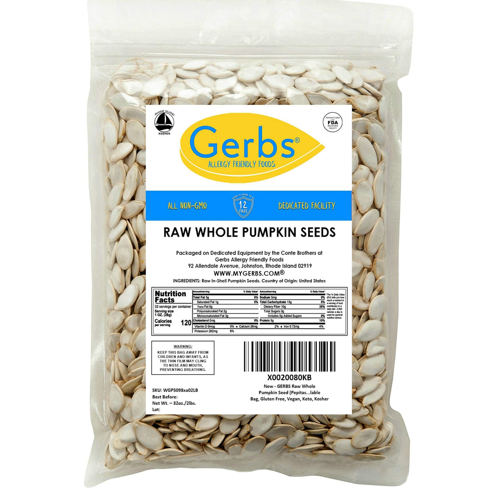 GERBS mildly nutty pumpkin seeds add texture to snacks and recipes.