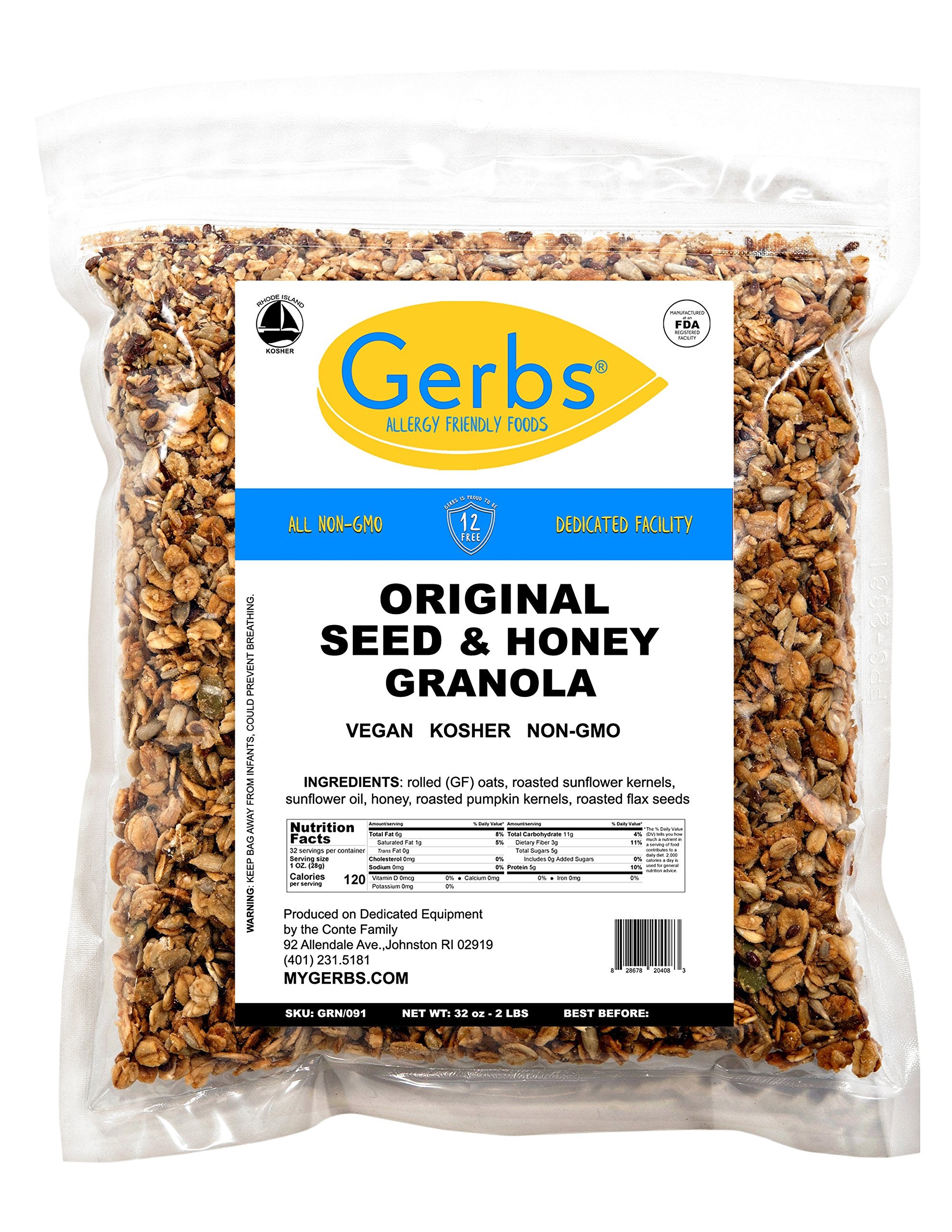GERBS Original Seed n' Honey Granola kitchen-scene conveys wholesome snack vibes.