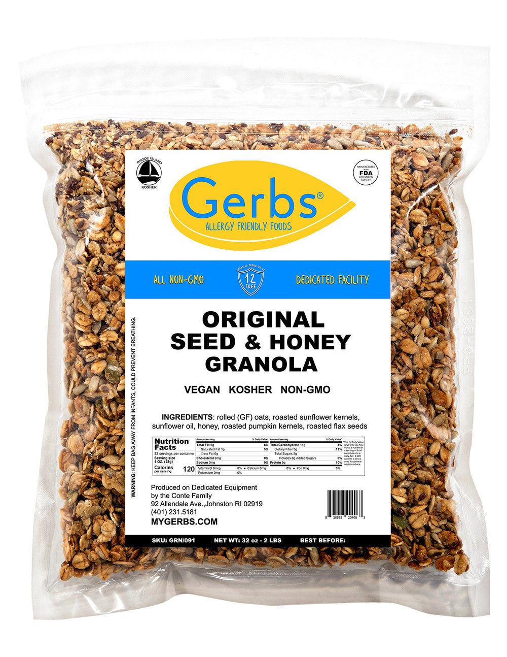 GERBS Original Seed n' Honey Granola kitchen-scene conveys wholesome snack vibes.