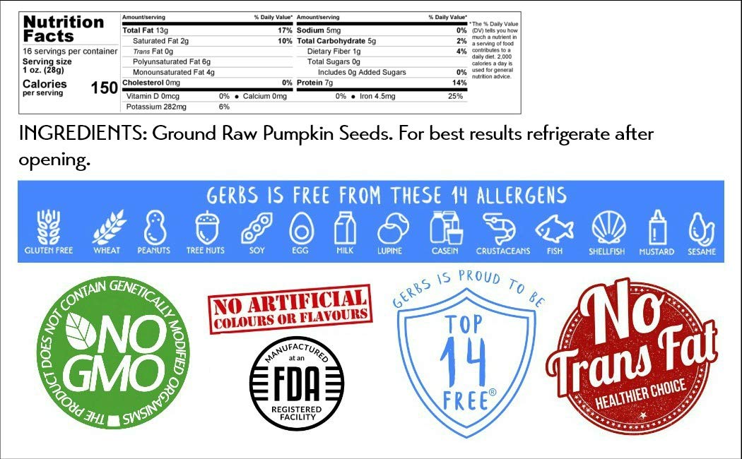 GERBS Pumpkin Seed Meal resealable bag keeps ingredients fresh for daily recipes.
