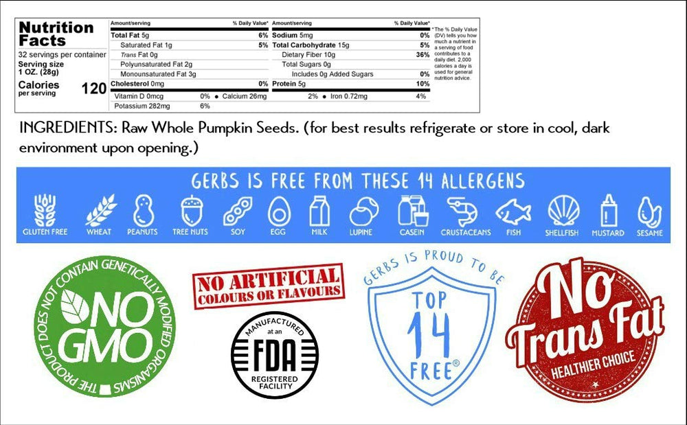 GERBS pumpkin seeds with a 10.5 mm size for consistent crunch.