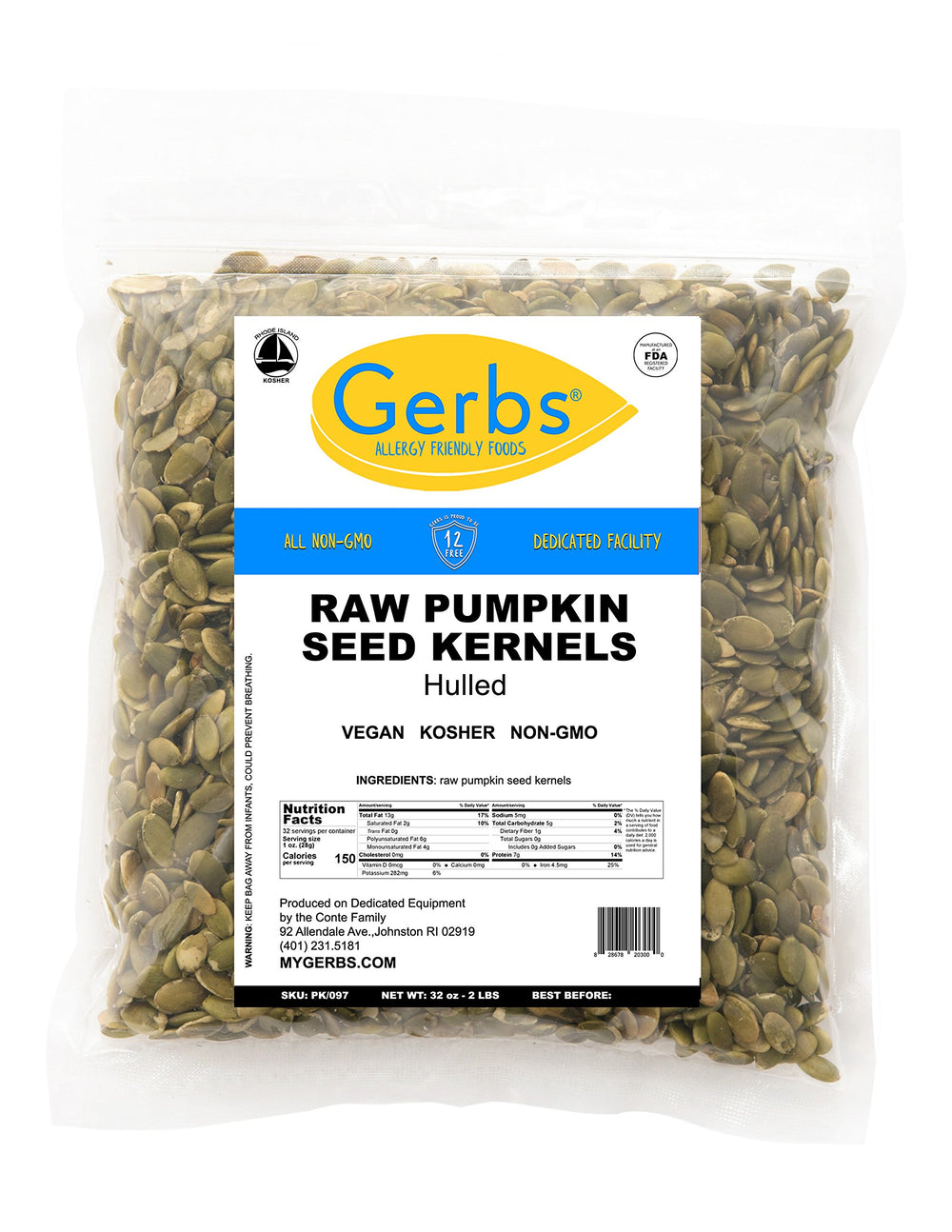 GERBS raw pumpkin seed kernels grown in North America.