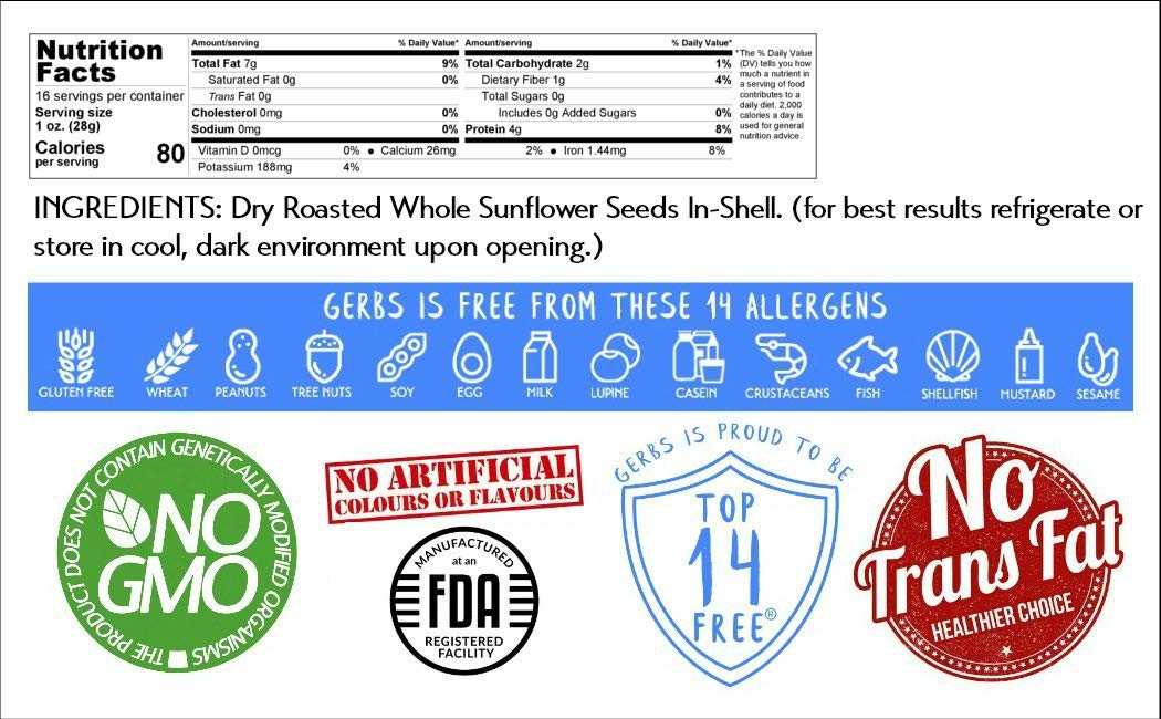 GERBS sunflower seeds label emphasizing careful sourcing and quality.