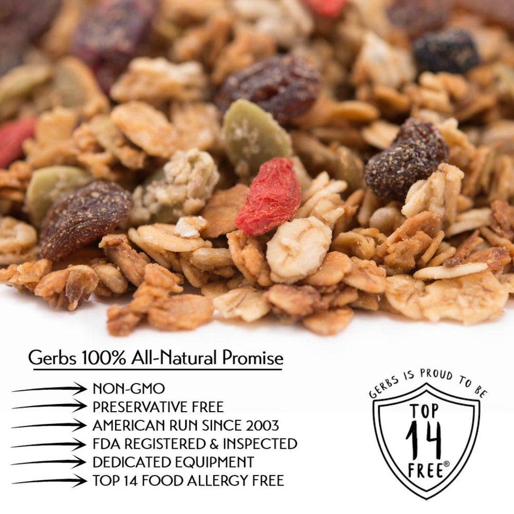 GERBS Raisin clusters in Gerbs granola highlight chewy texture