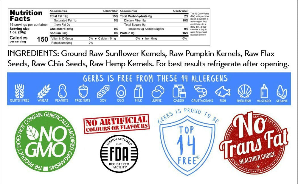Closeup of Gerbs Super 5 Seed Meal ingredients in clear view.