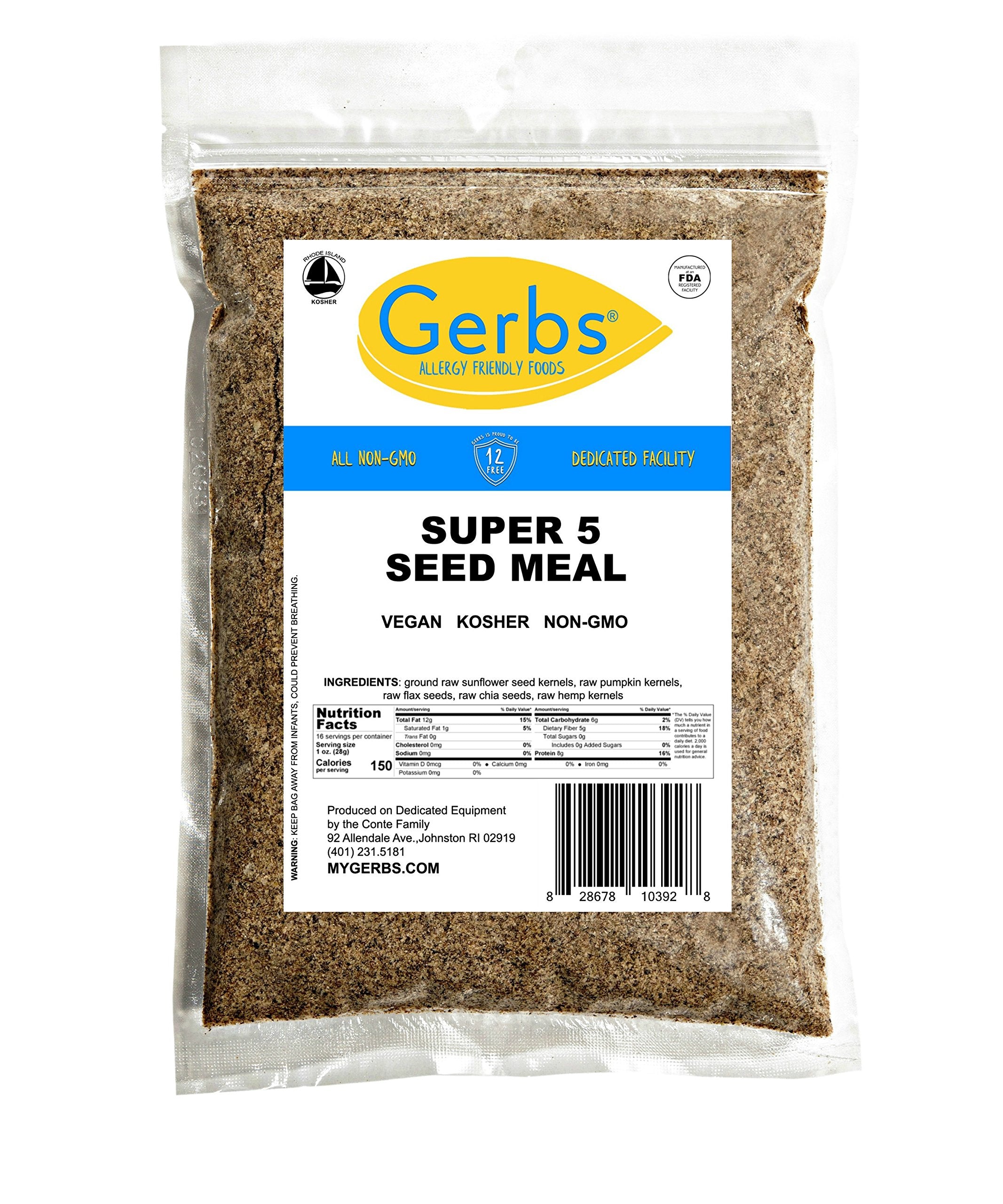 Label on Gerbs product highlights Top 14 Allergen-Free and no artificial additives.