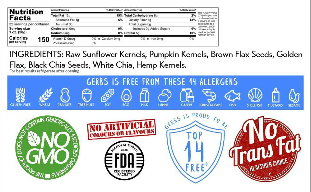 Gerbs Super 7 Seed Snack Mix seeds close-up for crunchy texture and variety