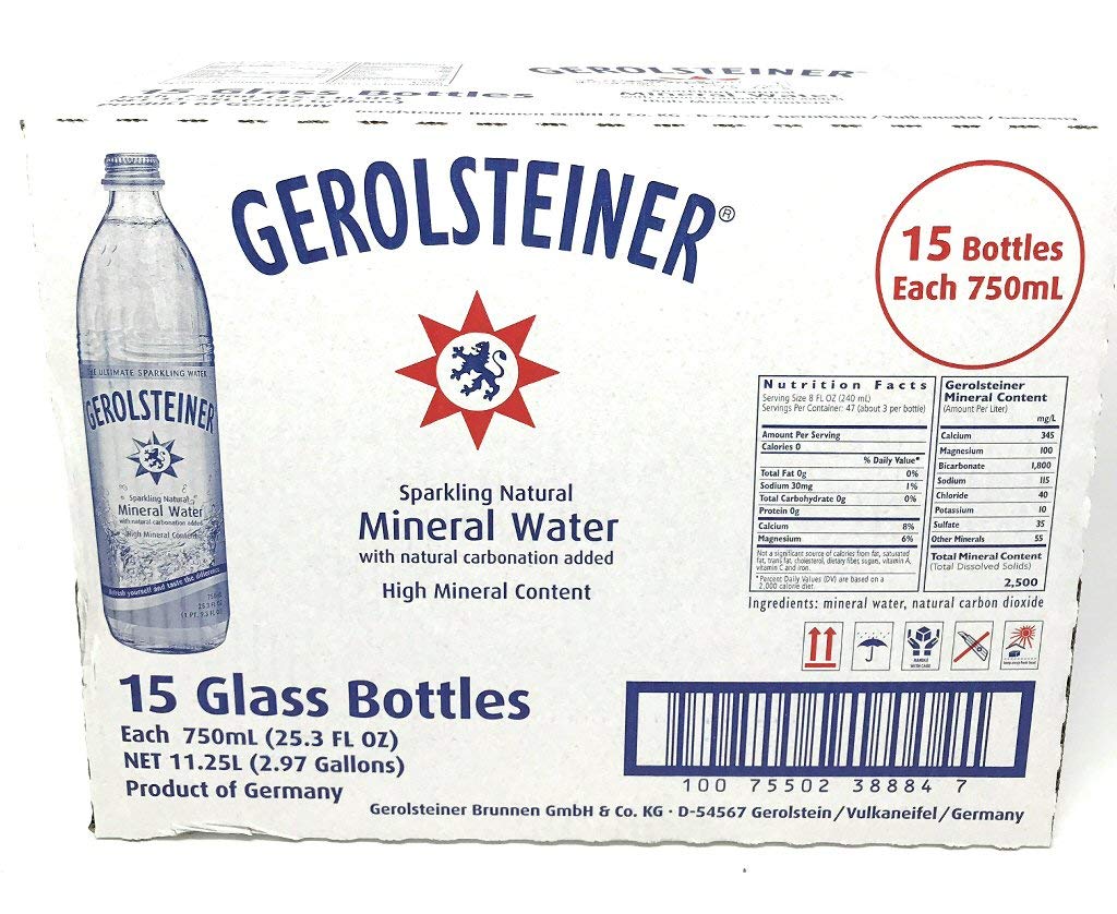 Gerolsteiner sparkling water 750 ml bottle: crisp hydration with minerals.