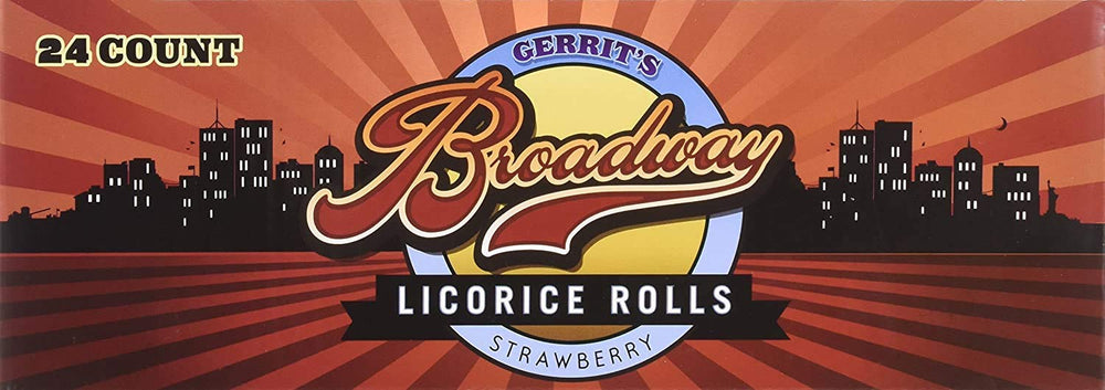 Long foot-long Gerrit's Broadway Licorice Rolls Strawberry on counter