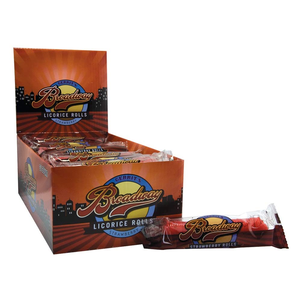 Gerrit's Broadway Licorice Rolls Strawberry packaging displayed for gifting and sharing