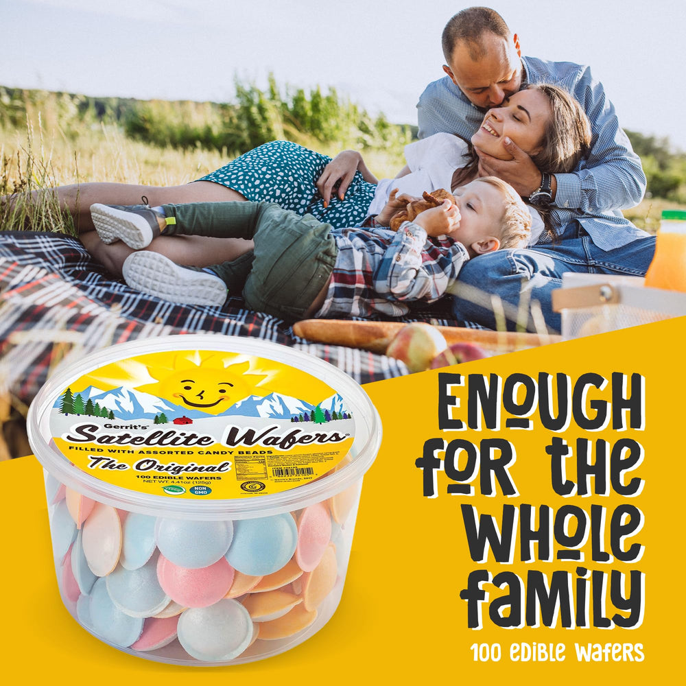 Gerrit's Satellite Wafers edible saucer: crisp cornstarch shell with candy beads.